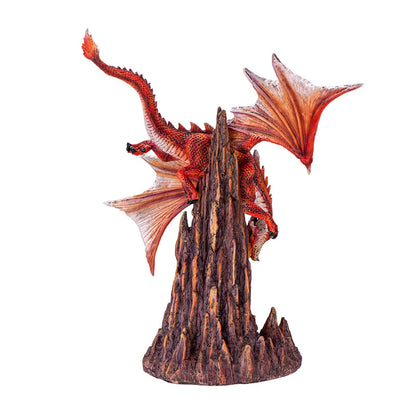 Fury Fire Dragon Sculpture Breathing Fire Over Volcanic Rock Base