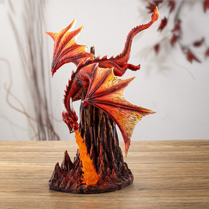 Fury Fire Dragon Sculpture Breathing Fire Over Volcanic Rock Base