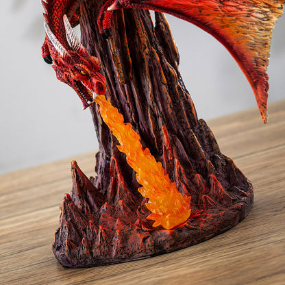 Fury Fire Dragon Sculpture Breathing Fire Over Volcanic Rock Base