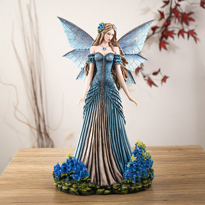 Lavender Fairy Figurine with Blue Wings and Floral Gown 16.54” Tall