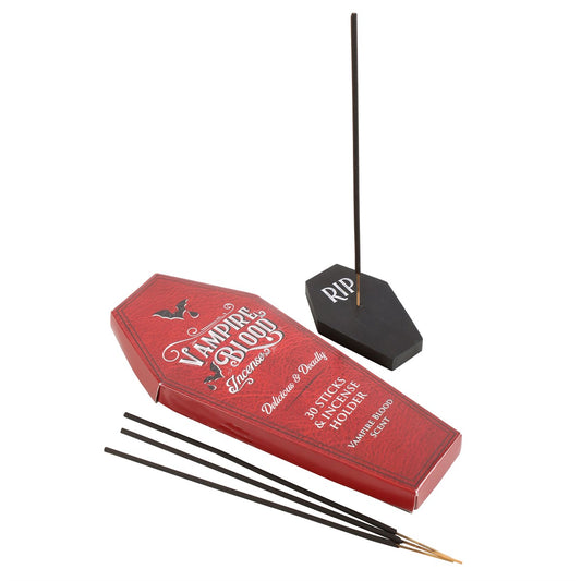 Vampire Blood Coffin Incense Sticks by Something Different UK Spooky Incense Set with 30 Sticks and Wooden Holder Gothic Halloween Fragrance Perfect for Home Decor or Meditation