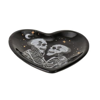 Love Never Dies Trinket Dish by Something Different UK Ceramic Skeleton Couple Heart Shaped Dish Gothic Jewelry Holder and Small Storage Solution Ideal for Halloween Decor or Gifts