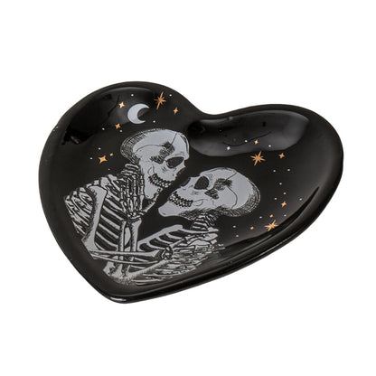 Love Never Dies Trinket Dish by Something Different UK Ceramic Skeleton Couple Heart Shaped Dish Gothic Jewelry Holder and Small Storage Solution Ideal for Halloween Decor or Gifts