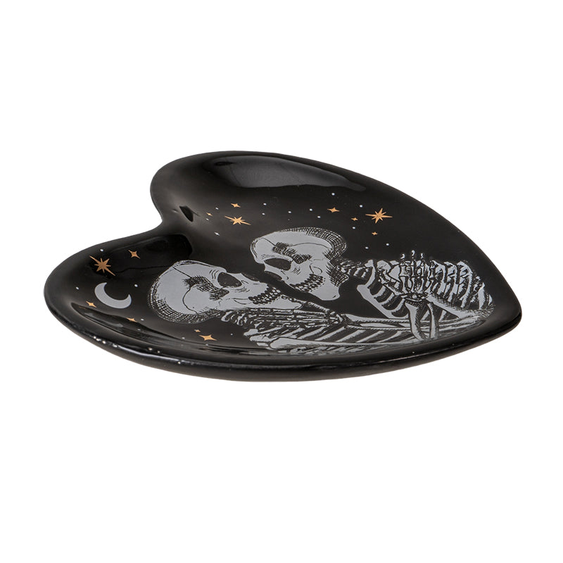 Love Never Dies Trinket Dish by Something Different UK Ceramic Skeleton Couple Heart Shaped Dish Gothic Jewelry Holder and Small Storage Solution Ideal for Halloween Decor or Gifts