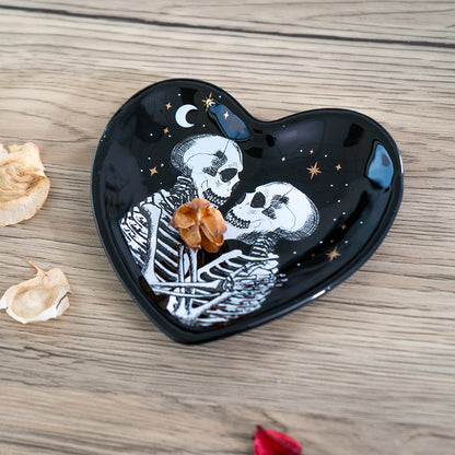 Love Never Dies Trinket Dish by Something Different UK Ceramic Skeleton Couple Heart Shaped Dish Gothic Jewelry Holder and Small Storage Solution Ideal for Halloween Decor or Gifts