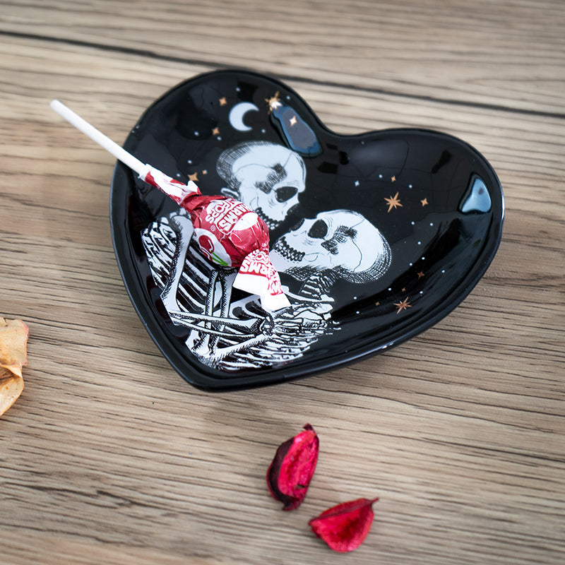 Love Never Dies Trinket Dish by Something Different UK Ceramic Skeleton Couple Heart Shaped Dish Gothic Jewelry Holder and Small Storage Solution Ideal for Halloween Decor or Gifts