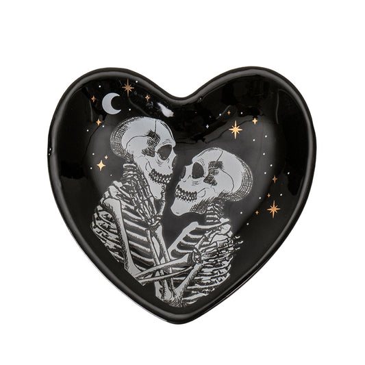 Love Never Dies Trinket Dish by Something Different UK Ceramic Skeleton Couple Heart Shaped Dish Gothic Jewelry Holder and Small Storage Solution Ideal for Halloween Decor or Gifts