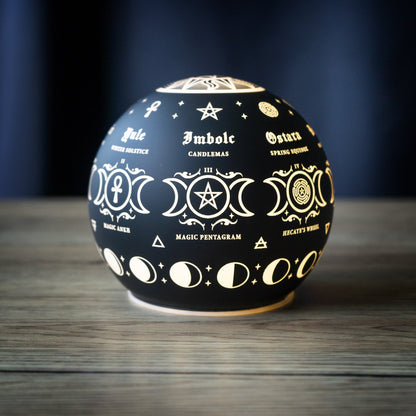 Pagan Calendar LED Globe Night Light by Alchemy England Glass Sphere with Sabbats and Moon Symbols 4.29" Tall