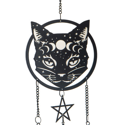 Celestial Cat Hanging Decoration by Alchemy England with Moon Phases and Star Design on Black Cat Perfect for Gothic Home and Halloween Decor and Wall Hanging 19" Long