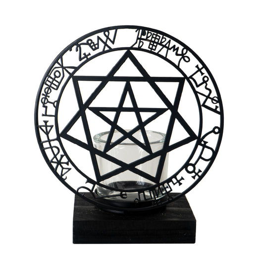 Angels and Demons Tea Light Holder by Alchemy England Wood Candle Stand with Mystical Pentagram Design Perfect for Unique Home Decor 7" Tall