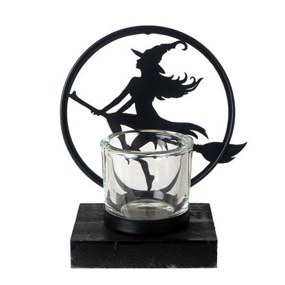 Witch by Moonlight Tea Light Holder by Alchemy England Gothic Witch Silhouette of a Flying Witch on Broomstick Ideal for Halloween and Home Decor 6.25" Tall