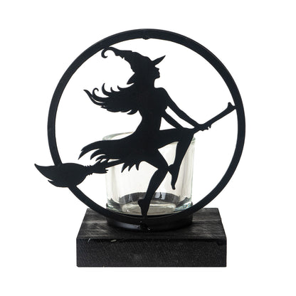 Witch by Moonlight Tea Light Holder by Alchemy England Gothic Witch Silhouette of a Flying Witch on Broomstick Ideal for Halloween and Home Decor 6.25" Tall