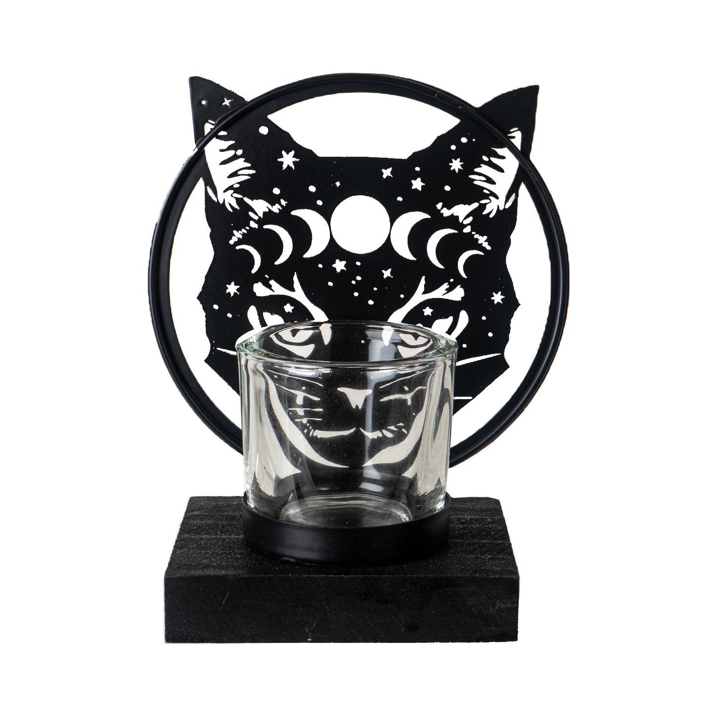 Celestial Cat Tea Light Holder by Alchemy England Mystical Silhouette with Moon Phases and Stars Perfect for Gothic or Halloween Home Decor 6" Tall