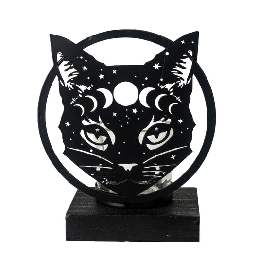 Celestial Cat Tea Light Holder by Alchemy England Mystical Silhouette with Moon Phases and Stars Perfect for Gothic or Halloween Home Decor 6" Tall