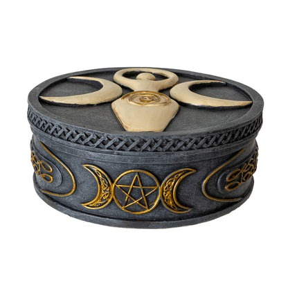 Spiral Goddess Round Box with Triple Moon Symbol Ideal for Storing Jewelry Crystals or Personal Items in a Mystical and Elegant Design