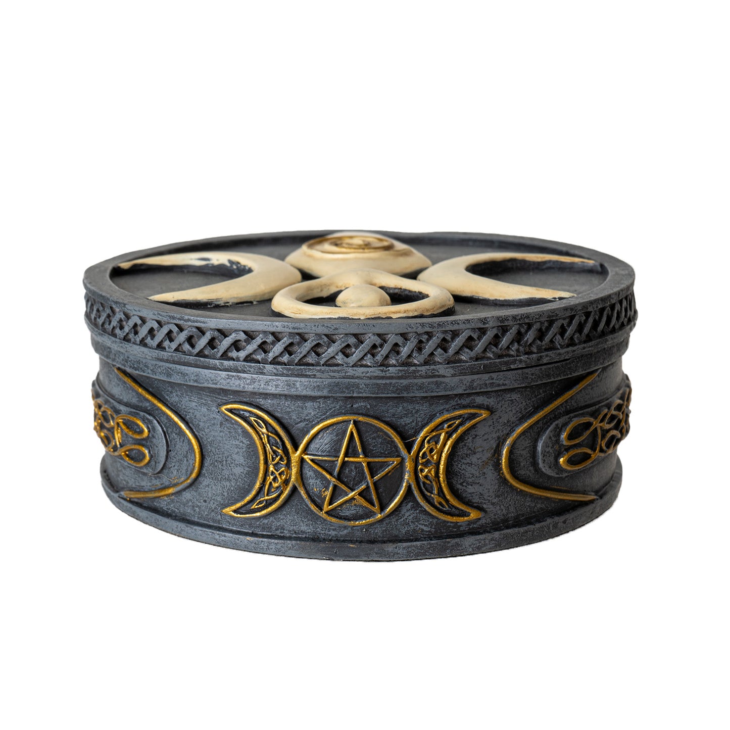 Spiral Goddess Round Box with Triple Moon Symbol Ideal for Storing Jewelry Crystals or Personal Items in a Mystical and Elegant Design