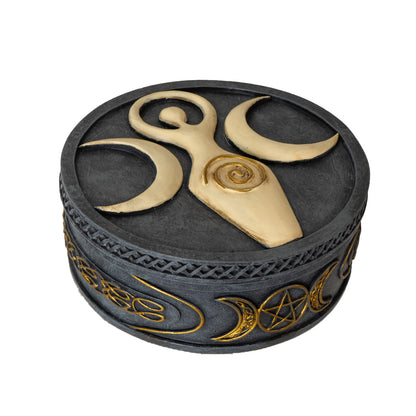 Spiral Goddess Round Box with Triple Moon Symbol Ideal for Storing Jewelry Crystals or Personal Items in a Mystical and Elegant Design