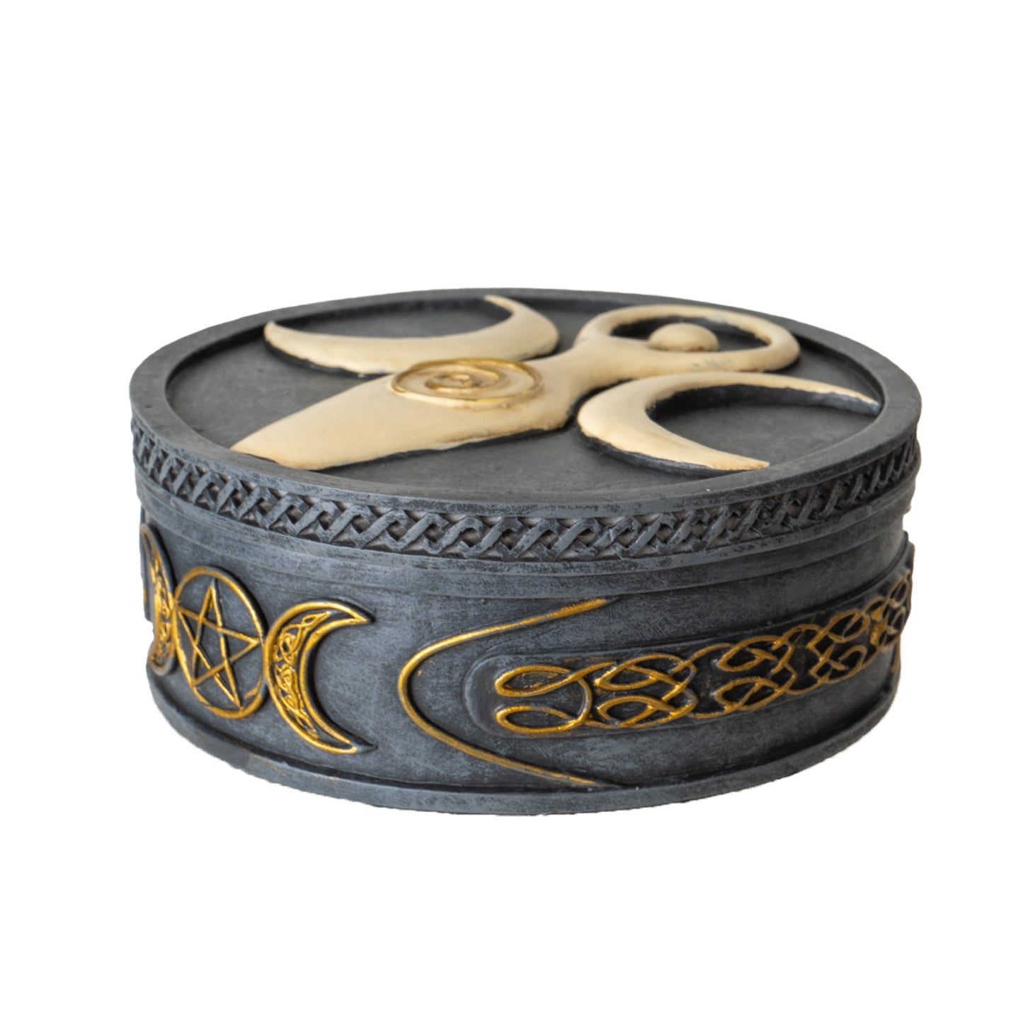 Spiral Goddess Round Box with Triple Moon Symbol Ideal for Storing Jewelry Crystals or Personal Items in a Mystical and Elegant Design