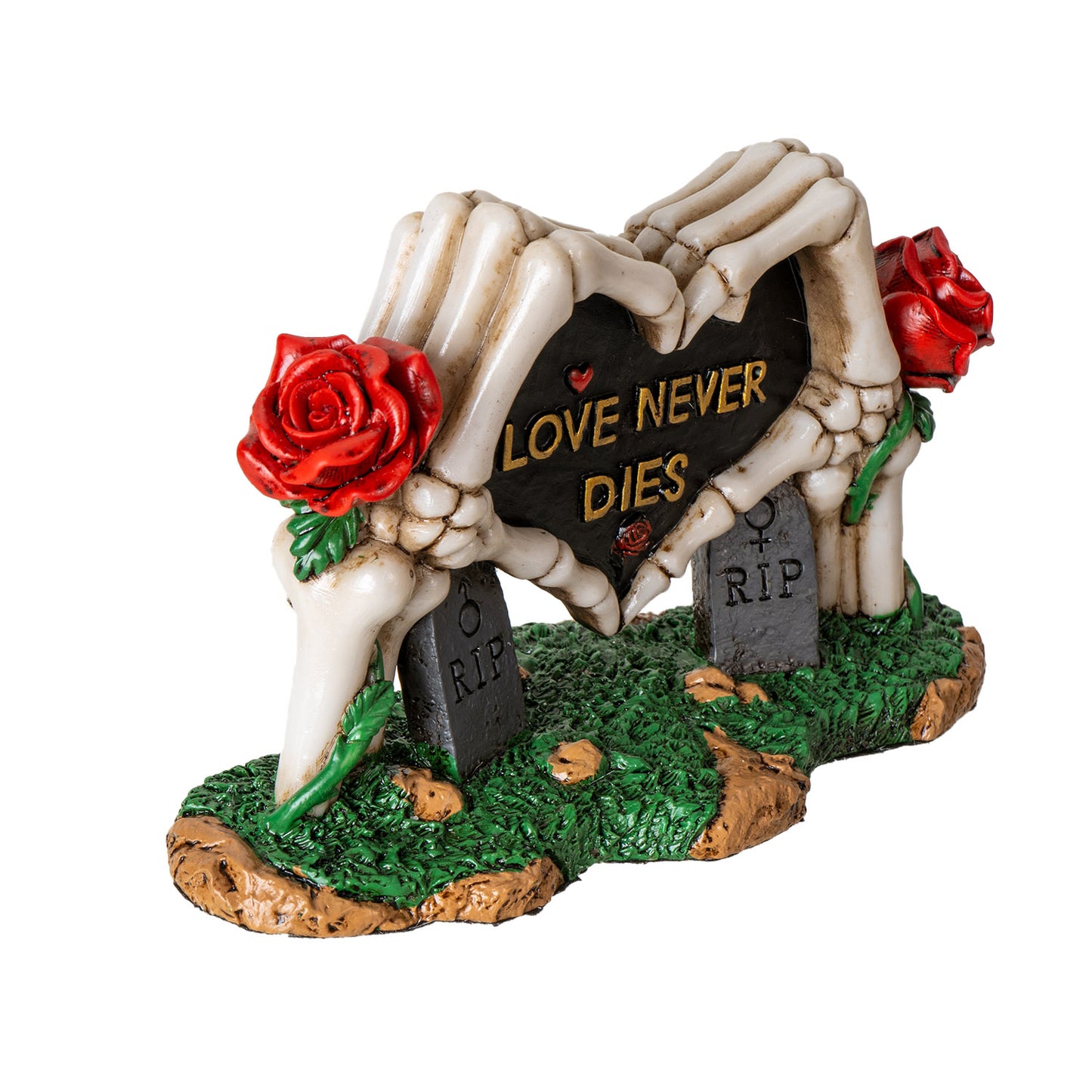 Skeleton Gravestone Figurine Love Never Dies with Roses