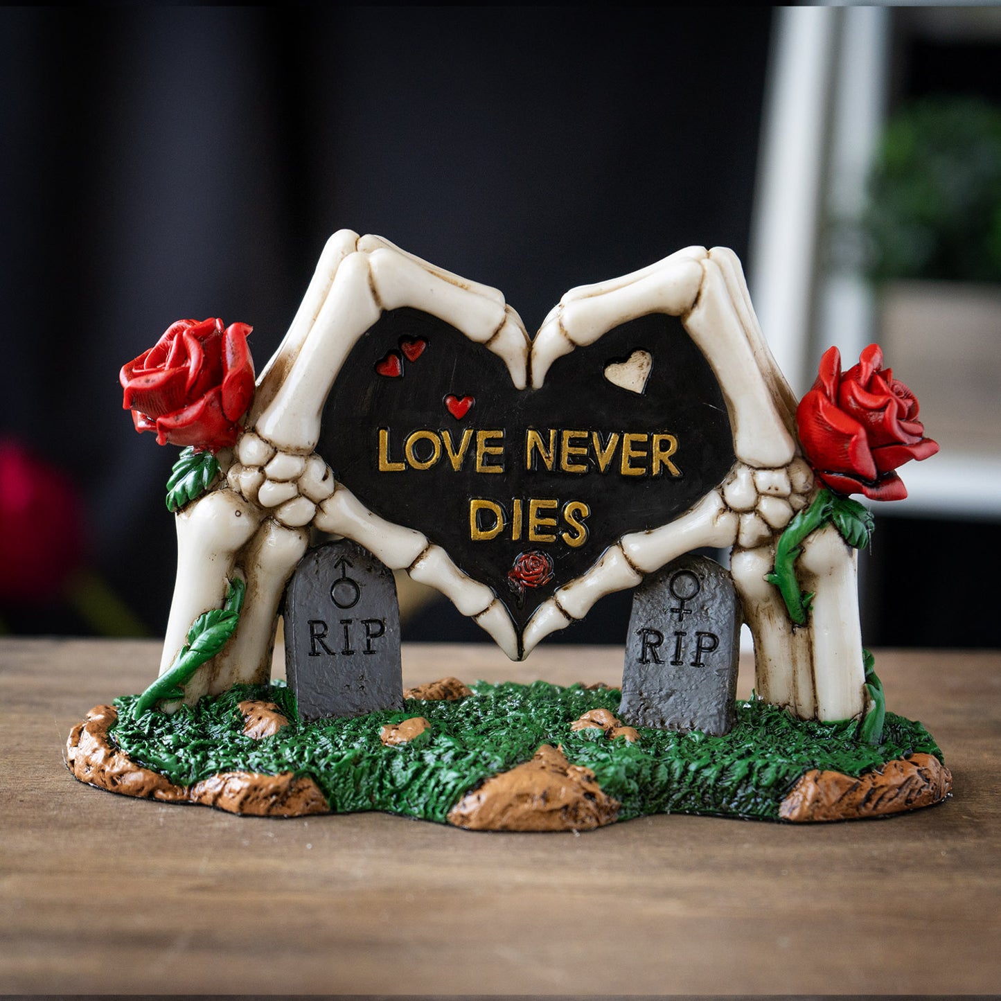 Skeleton Gravestone Figurine Love Never Dies with Roses