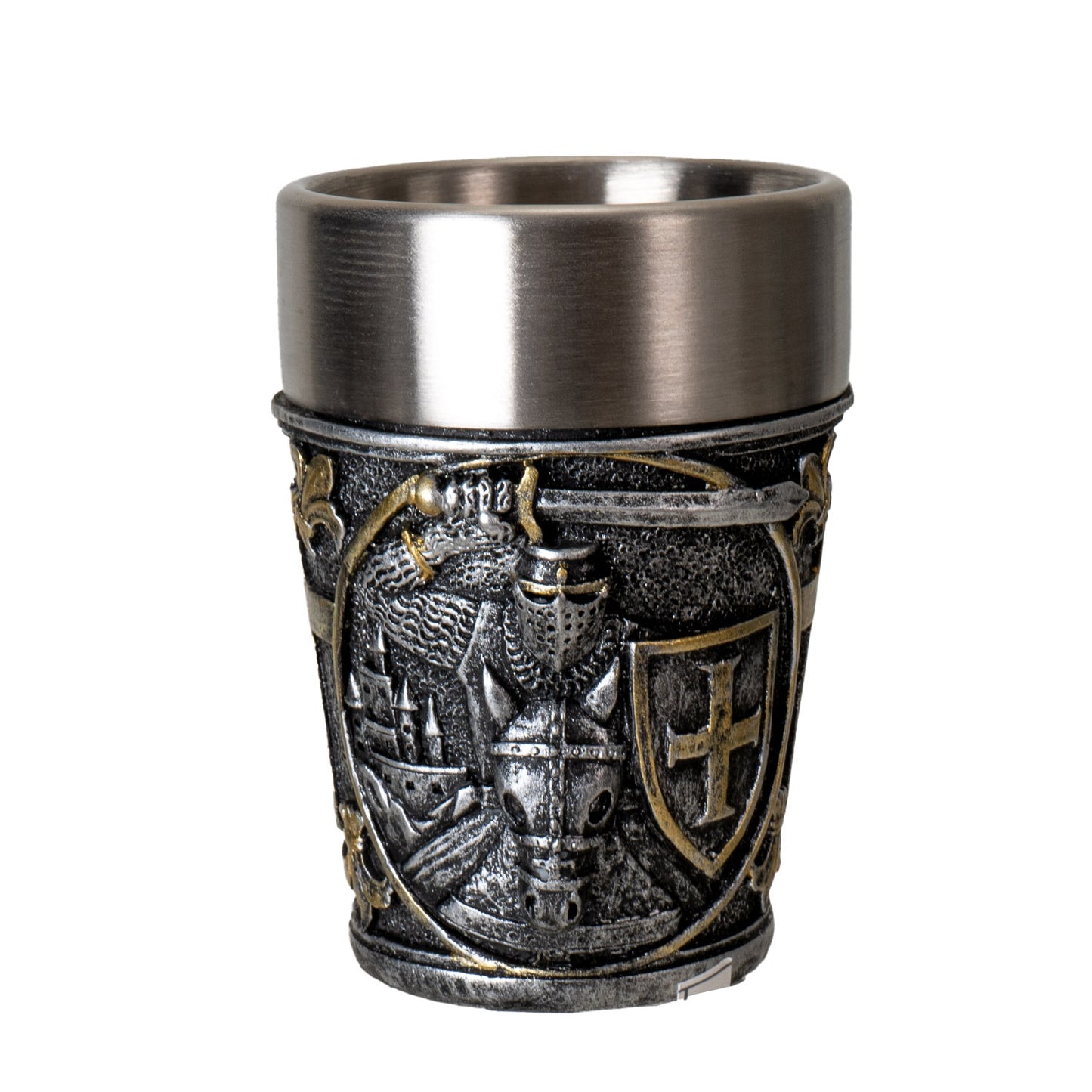 Metallic Silver Medieval Knight Shot Glass with Intricate Armor Design and Stainless Steel Inner Cup Perfect for Party Barware or Unique Collectible Gift 3 fl oz