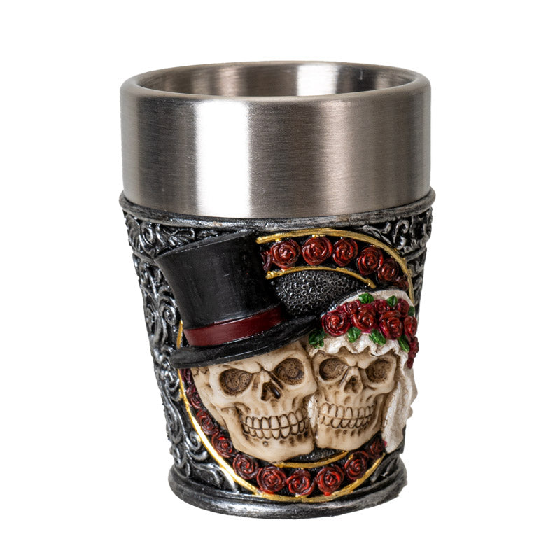 Love Never Dies Skull Wedding Couple Shot Glass with Roses Skeleton Design