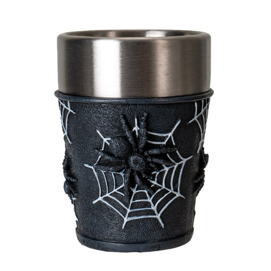 Spider Web Shot Glass with Spooky Black Widow and Web Design Stainless Steel Lining Ideal for Gothic Home Decor or Halloween Party 3 fl oz