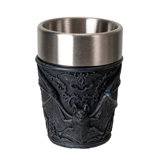 Gothic Bat Shot Glass Decorated with Spooky Bat Design Stainless Steel Inner Lining Ideal for Halloween Decor or Unique Collector Barware 3 fl oz