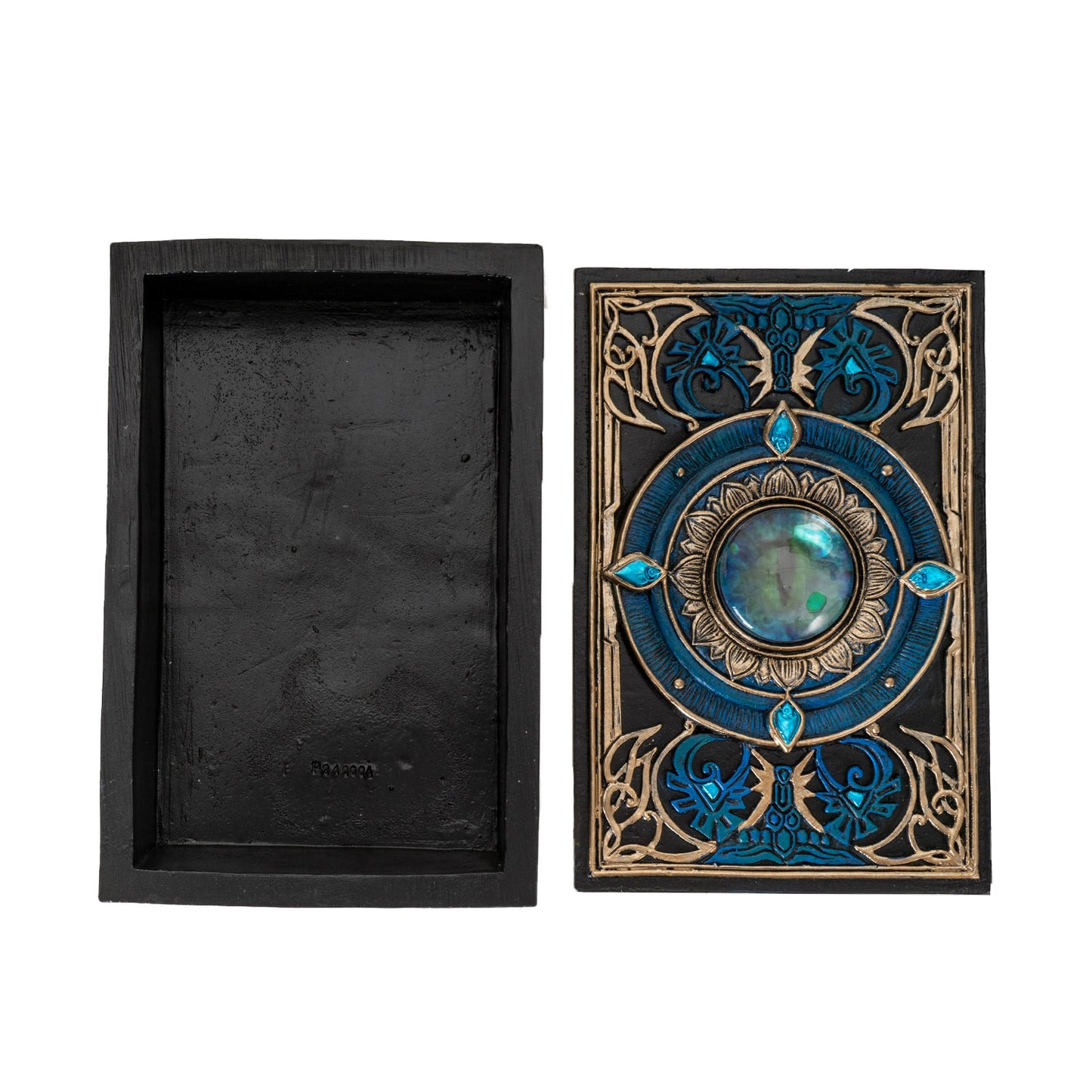 All Seeing Eye Tarot Box with Intricate Blue Accents and Crystal Inlay