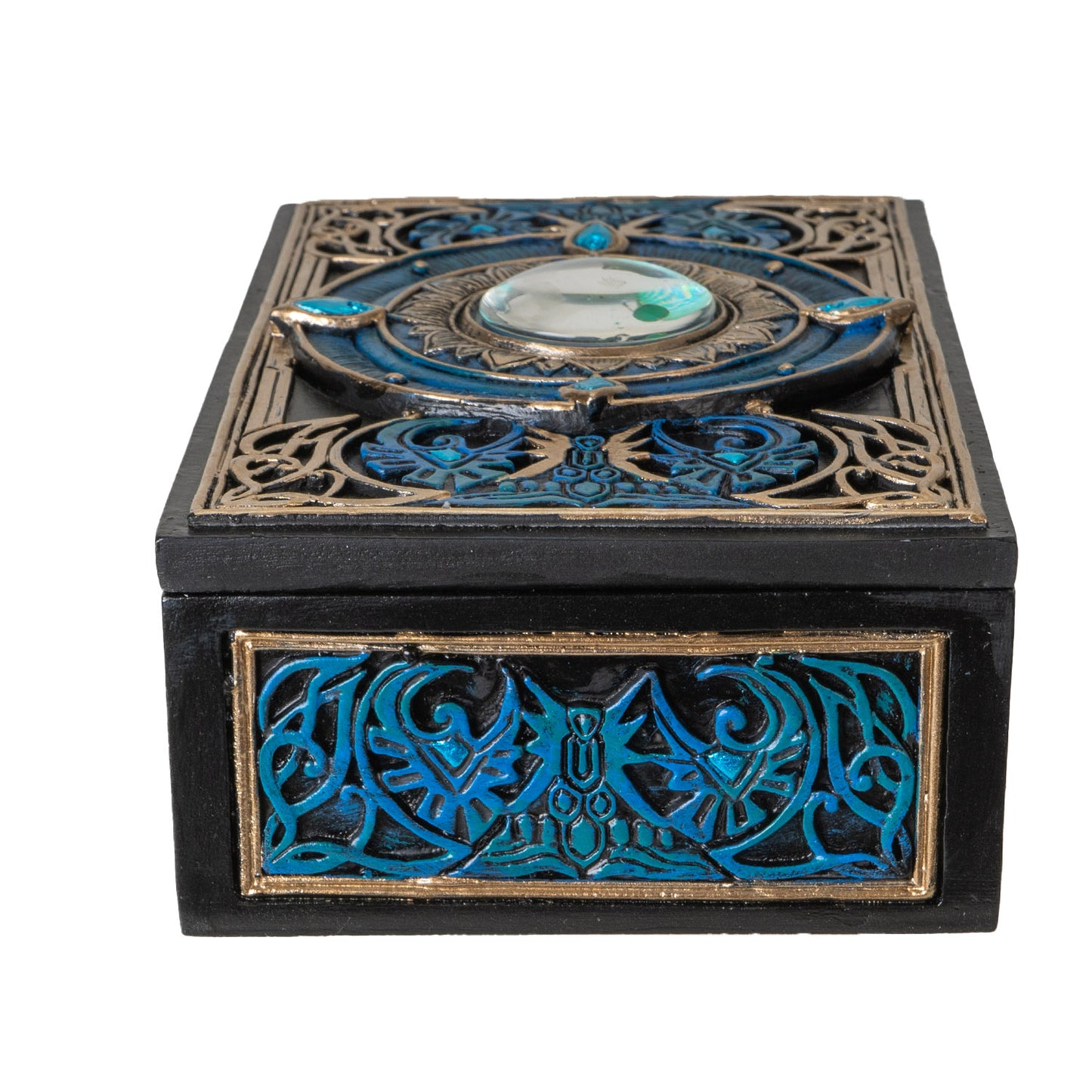 All Seeing Eye Tarot Box with Intricate Blue Accents and Crystal Inlay