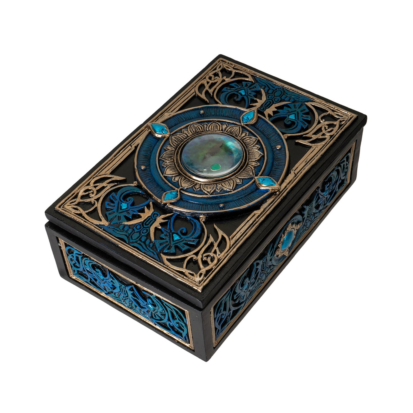 All Seeing Eye Tarot Box with Intricate Blue Accents and Crystal Inlay