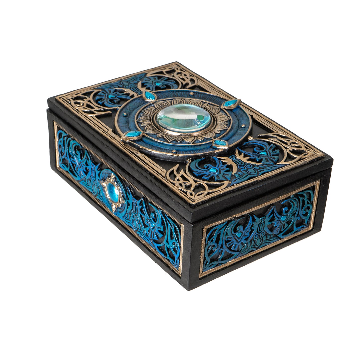 All Seeing Eye Tarot Box with Intricate Blue Accents and Crystal Inlay