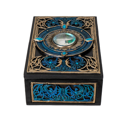 All Seeing Eye Tarot Box with Intricate Blue Accents and Crystal Inlay