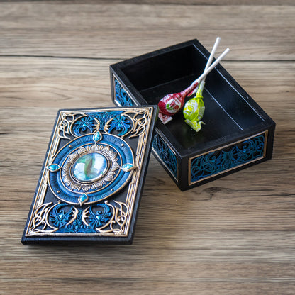 All Seeing Eye Tarot Box with Intricate Blue Accents and Crystal Inlay