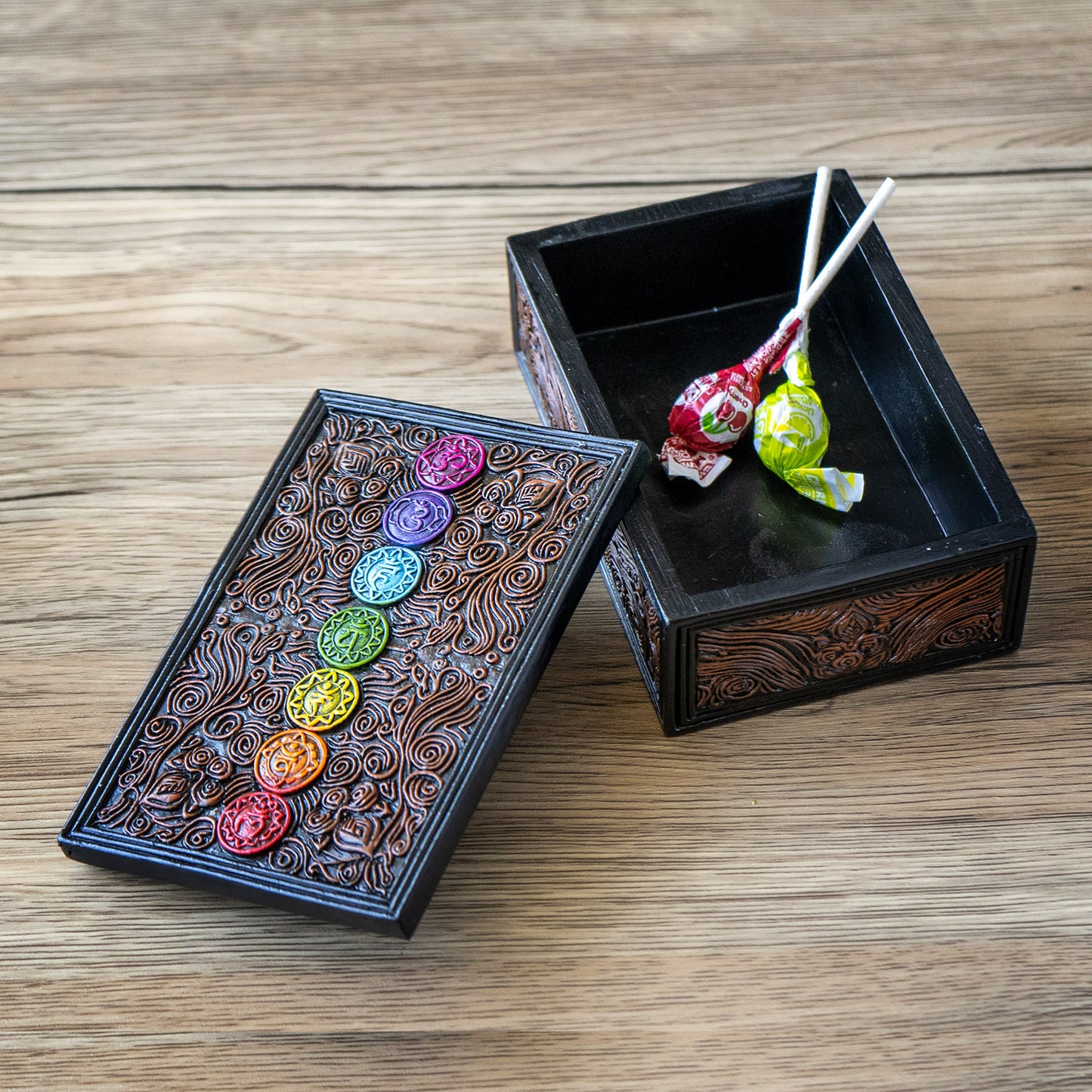 7 Chakra Energy Tarot Box with Ornate Swirl Patterns Design