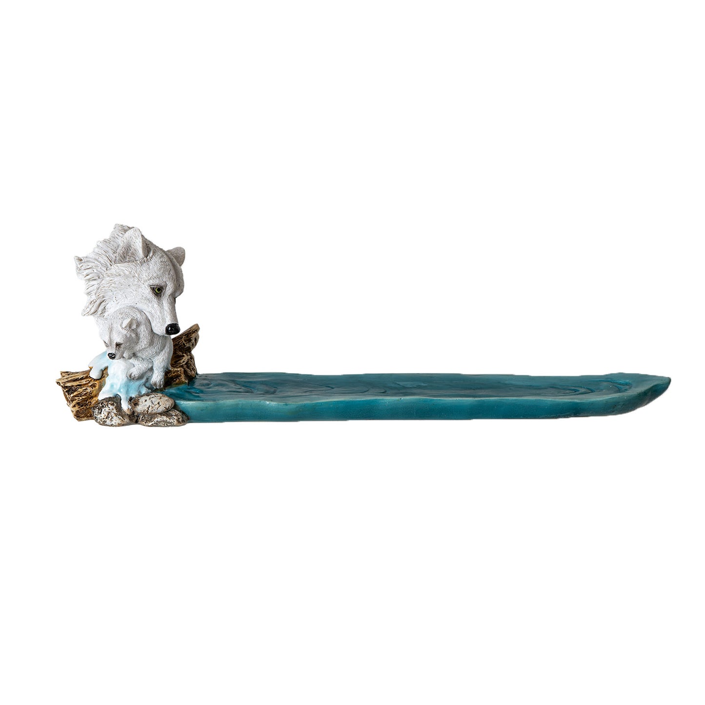 White Wolf and Pup Incense Holder with Water Stream Design Perfect for Relaxation Meditation or Unique Home Decor 11.1" Long