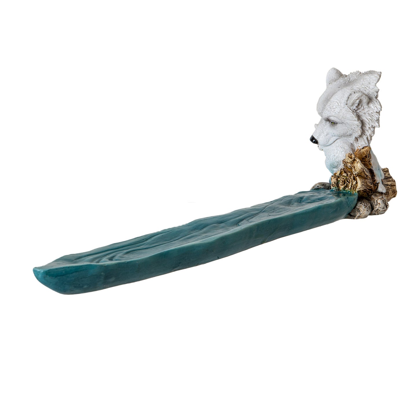 White Wolf and Pup Incense Holder with Water Stream Design Perfect for Relaxation Meditation or Unique Home Decor 11.1" Long