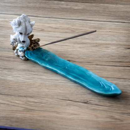 White Wolf and Pup Incense Holder with Water Stream Design Perfect for Relaxation Meditation or Unique Home Decor 11.1" Long