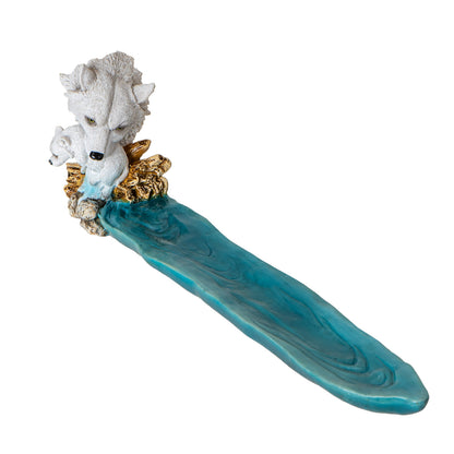 White Wolf and Pup Incense Holder with Water Stream Design Perfect for Relaxation Meditation or Unique Home Decor 11.1" Long