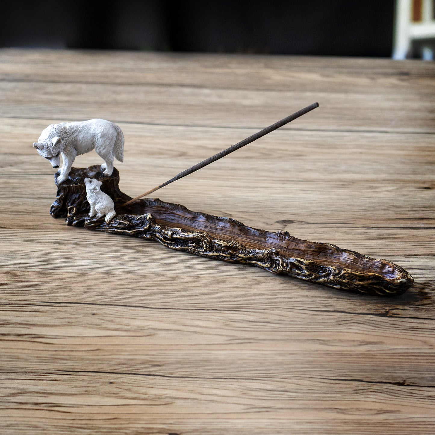 Wolf and Pup Incense Holder with Woodsy Log Resin Design Perfect for Relaxation, Aromatherapy, and Rustic Home Decor 11.22" Long