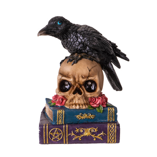 Raven on Skull and Spell Books 7.68" Tall Figurine Gothic Decor with Intricate Details