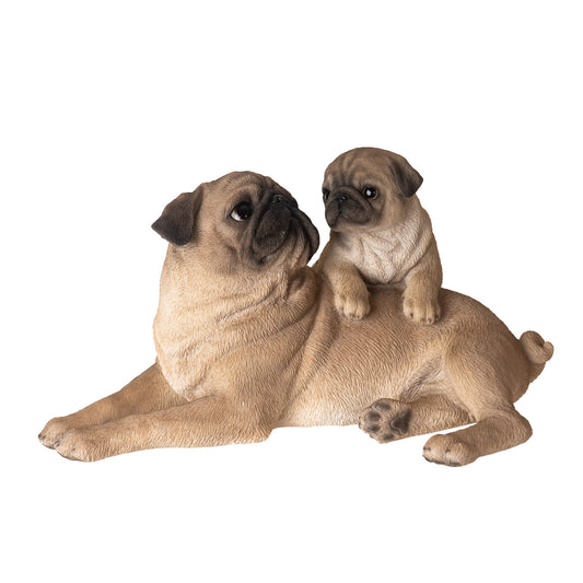 Mother and Puppy 11" Long Pug Figurine Realistic Dog for Outdoor Garden or Home Decor for Pet Lovers