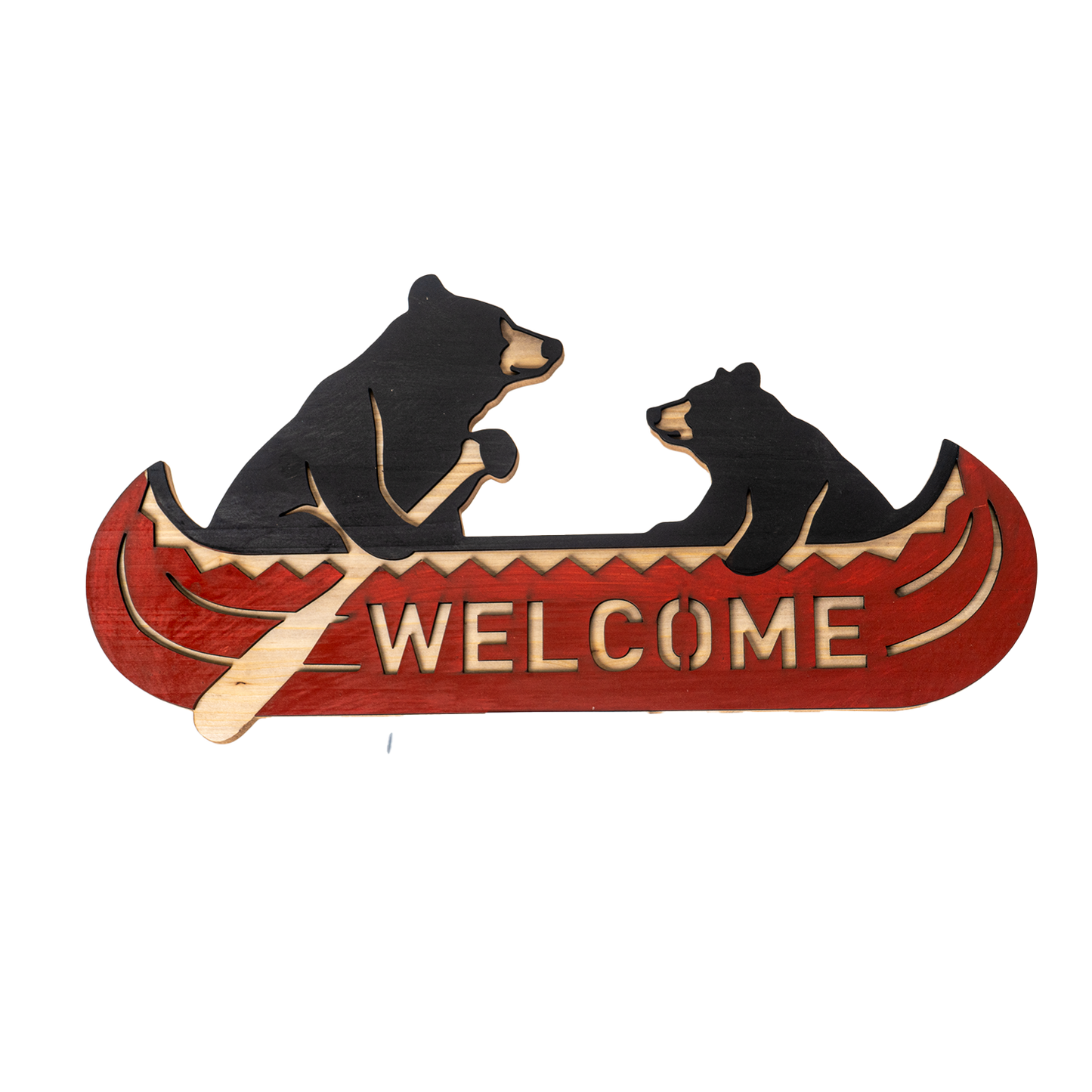 Two Bears Canoeing Welcome Sign MDF Plaque Rustic Cabin Decor Lake House Man Cave Wall Art 17 inch Length