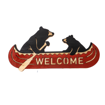 Two Bears Canoeing Welcome Sign MDF Plaque Rustic Cabin Decor Lake House Man Cave Wall Art 17 inch Length