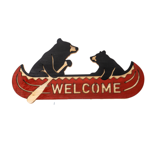 Two Bears Canoeing Welcome Sign MDF Plaque Rustic Cabin Decor Lake House Man Cave Wall Art 17 inch Length