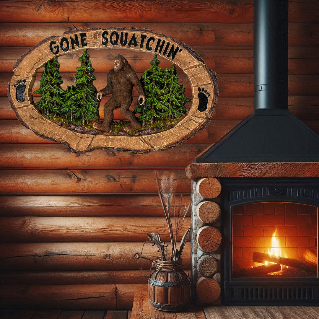 Gone Squatchin Wall Plaque, Bigfoot in Mysterious Woods, 14.25 inches Wide, Cabin Decor