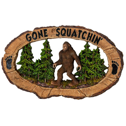 Gone Squatchin Wall Plaque, Bigfoot in Mysterious Woods, 14.25 inches Wide, Cabin Decor