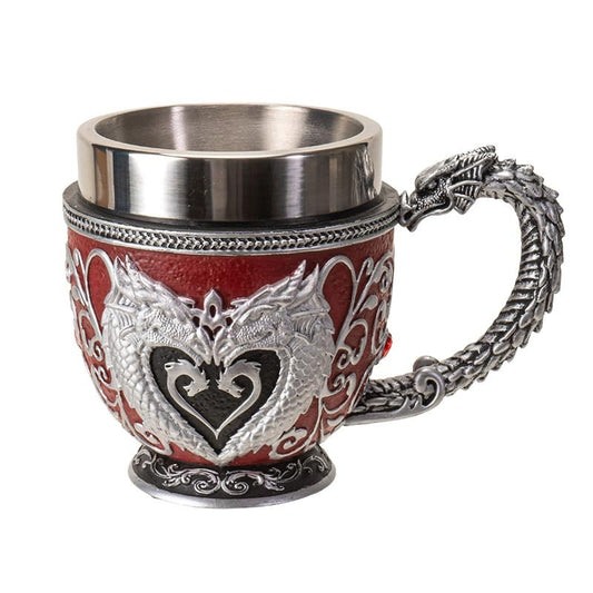 Pacific Giftware Heart-shaped Dragon Tea Cup 8 Floz Resin and Stainless Steel Mug with Silver Dragon Handle Red Accents Ideal for Coffee Tea And Unique Fantasy Themed Decor