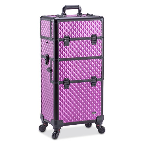 Professional Makeup Artist 2 in 1 Rolling Makeup Train Case Cosmetic Organizer with Easy Slide Extendable Storage Trays and Removable Trays