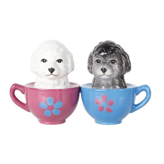 Maltese Puppy Friendship Teacup Ceramic Magnetic Salt & Pepper Shakers Set